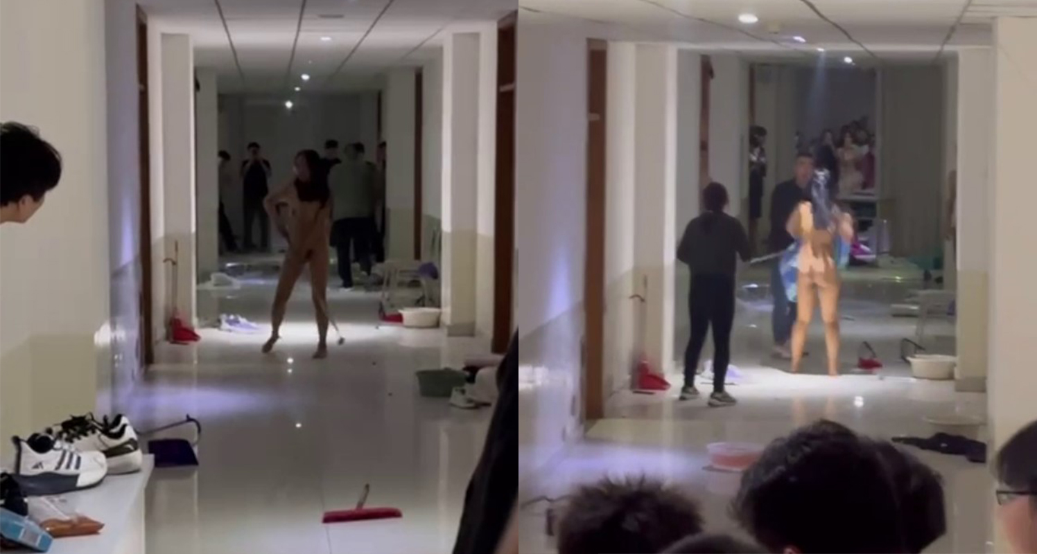 A female college student at Inner Mongolia Jining Teachers College stripped  naked in the mens dormitory building, causing a scene that many teachers  couldnt control.